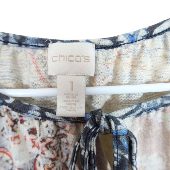 4/$25 CHICOS 1 S/M Blue Orange Abstract Crochet Lace Trim Sleeve High Low Top - Picture 2 of 5